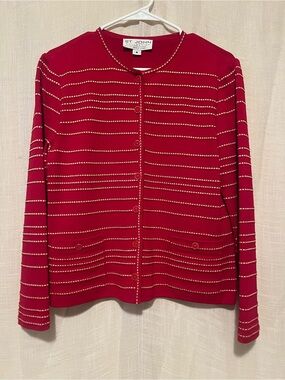 St. John Collection Red Santana Knit Cardigan Gold Stripe Button Jacket M USA